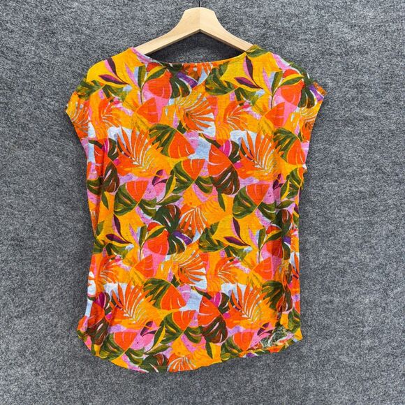 C&C California Blouse Women L Large Orange Floral Short Sleeve Linen Casual - Picture 8 of 9